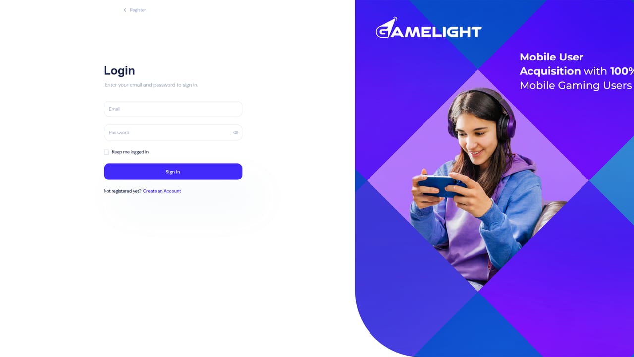 Gamelight — Open a self serve dashboard account