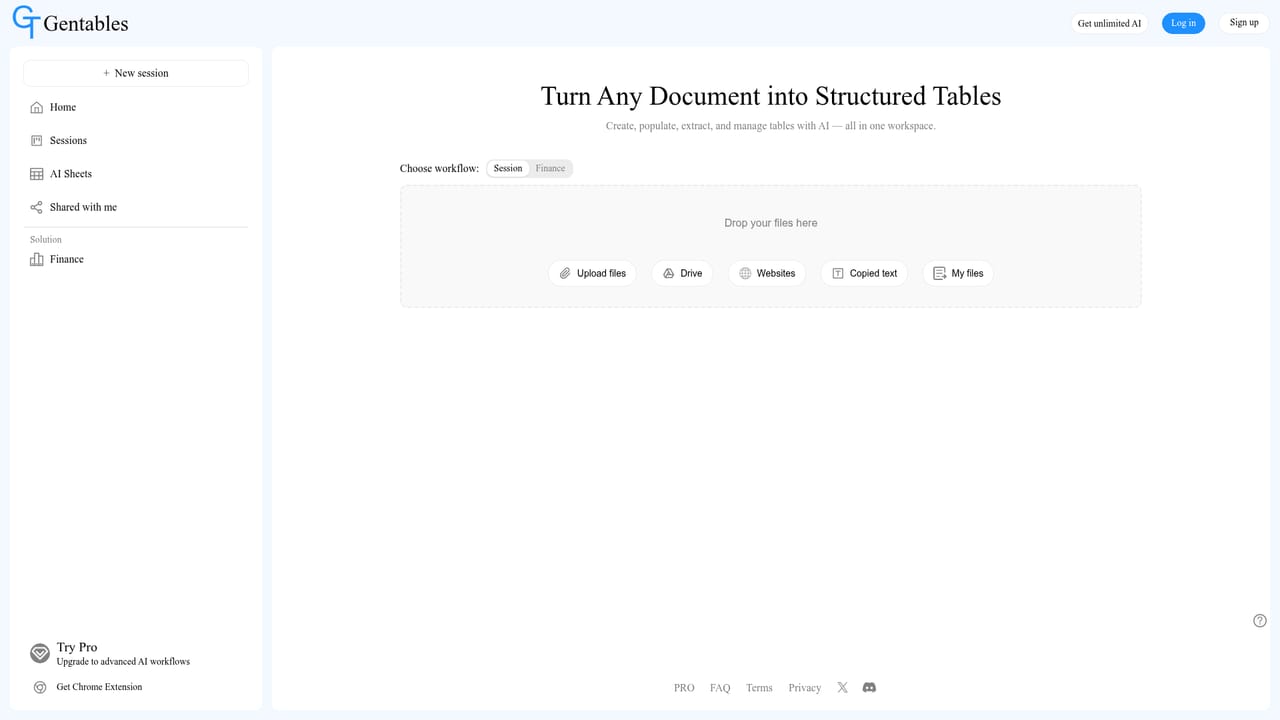 Gentables — Open the workspace and start a session