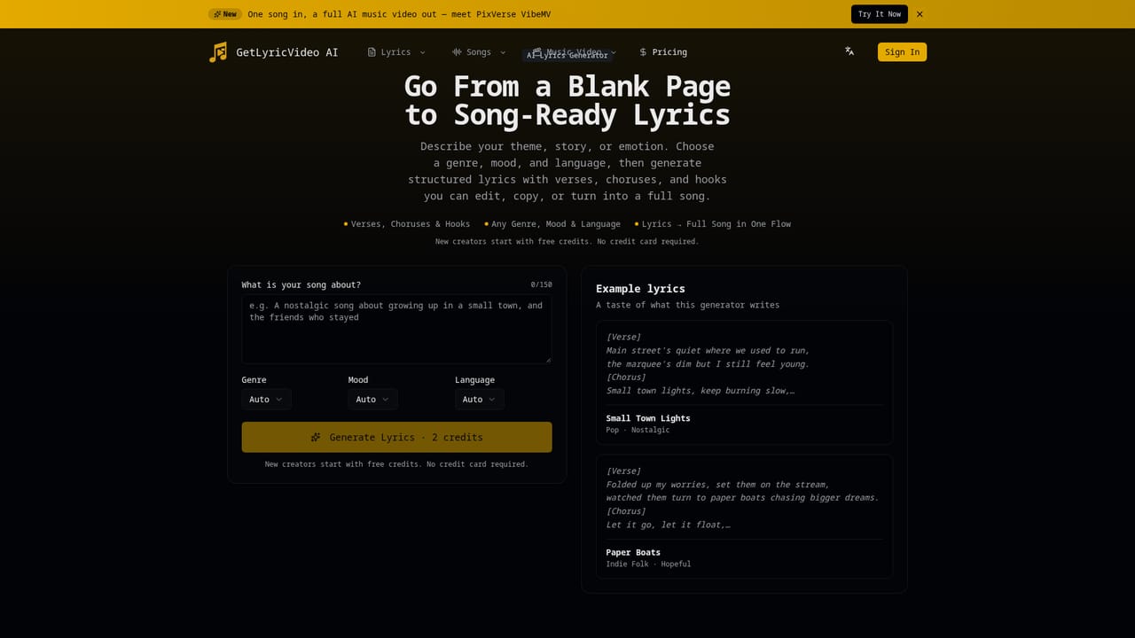GetLyricVideo AI — Optional: start from lyrics or a song