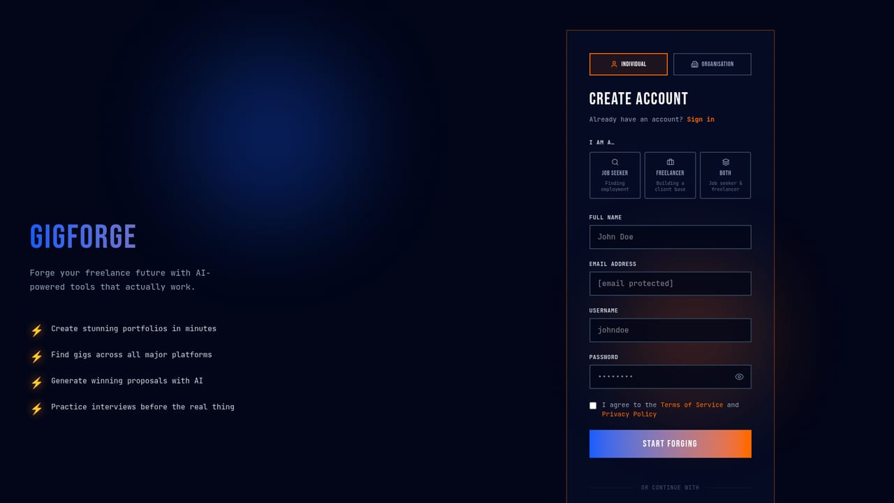 GigForge — Create your account and pick your track