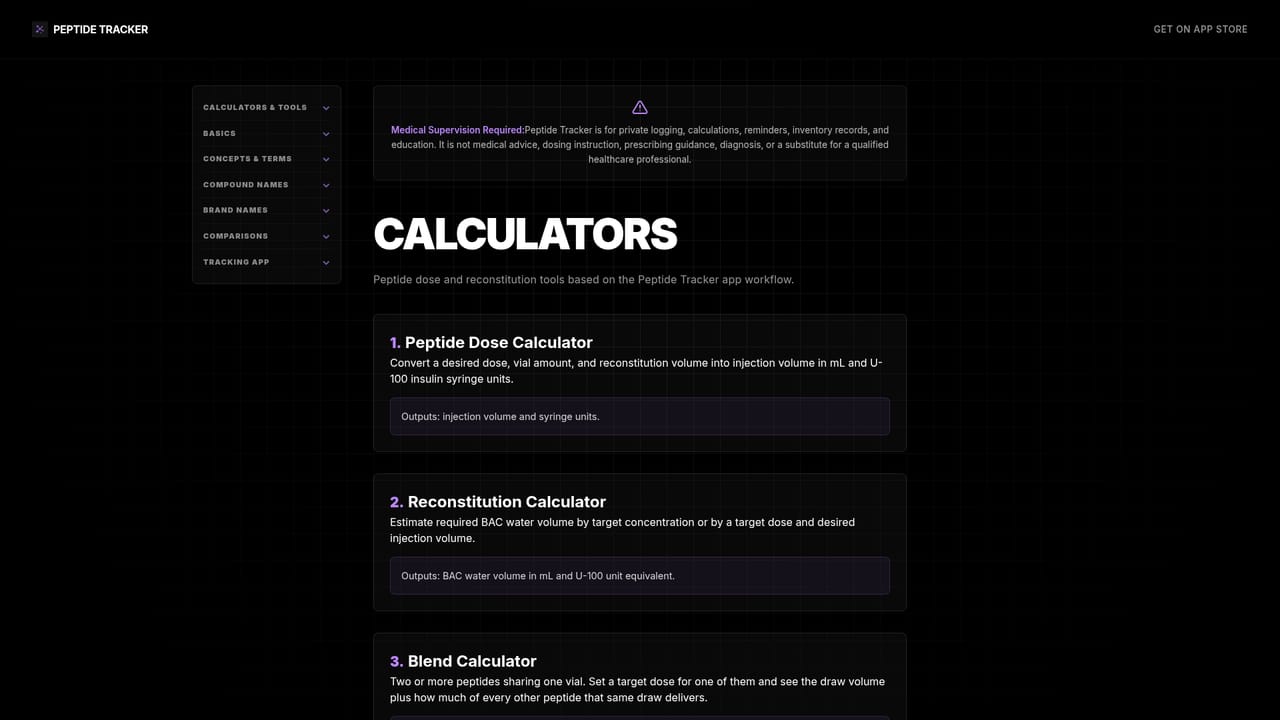 GLP-1 Tracker App — Use the calculators for reconstitution and dosing