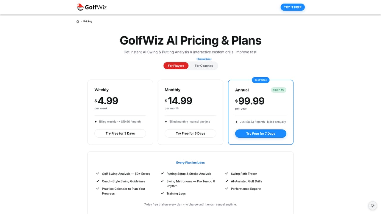 GolfWiz AI — Check pricing before the trial ends