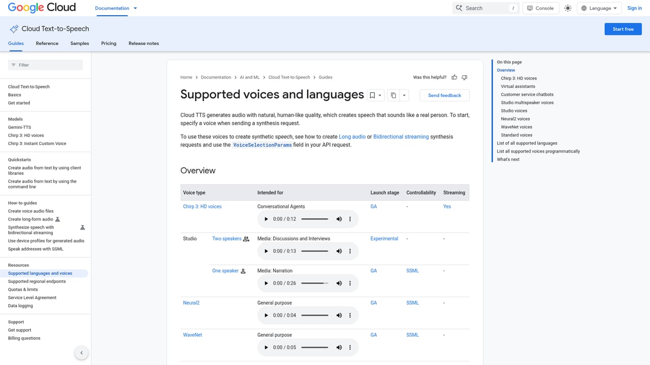 Google text to speech — Pick a model and voice