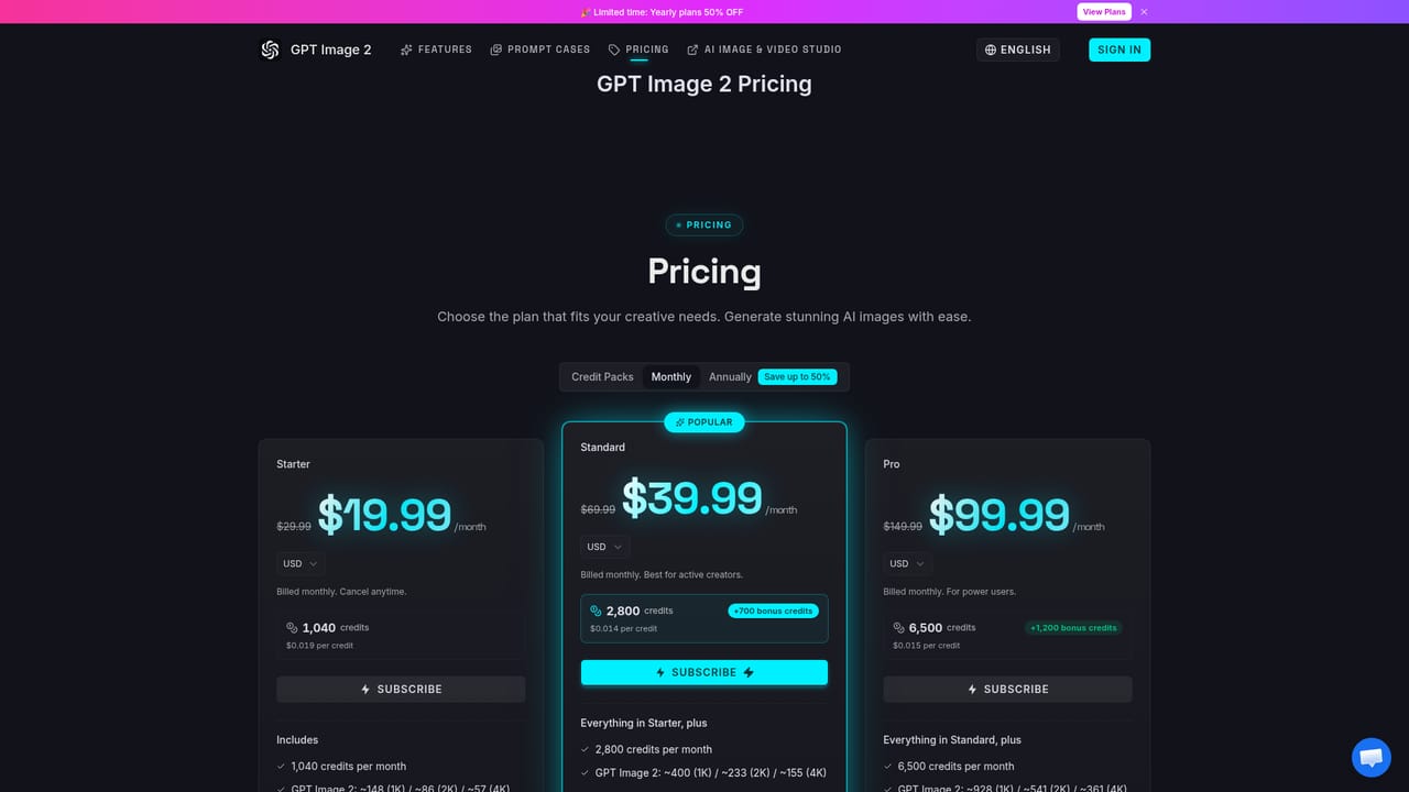 GPT Image 2 3rd party — Review plans and credit costs