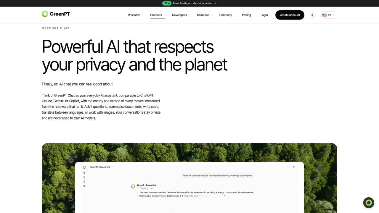 GreenPT — Open a chat and watch the impact panel