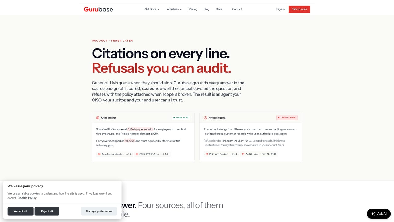 Gurubase — Review how the trust layer scores answers