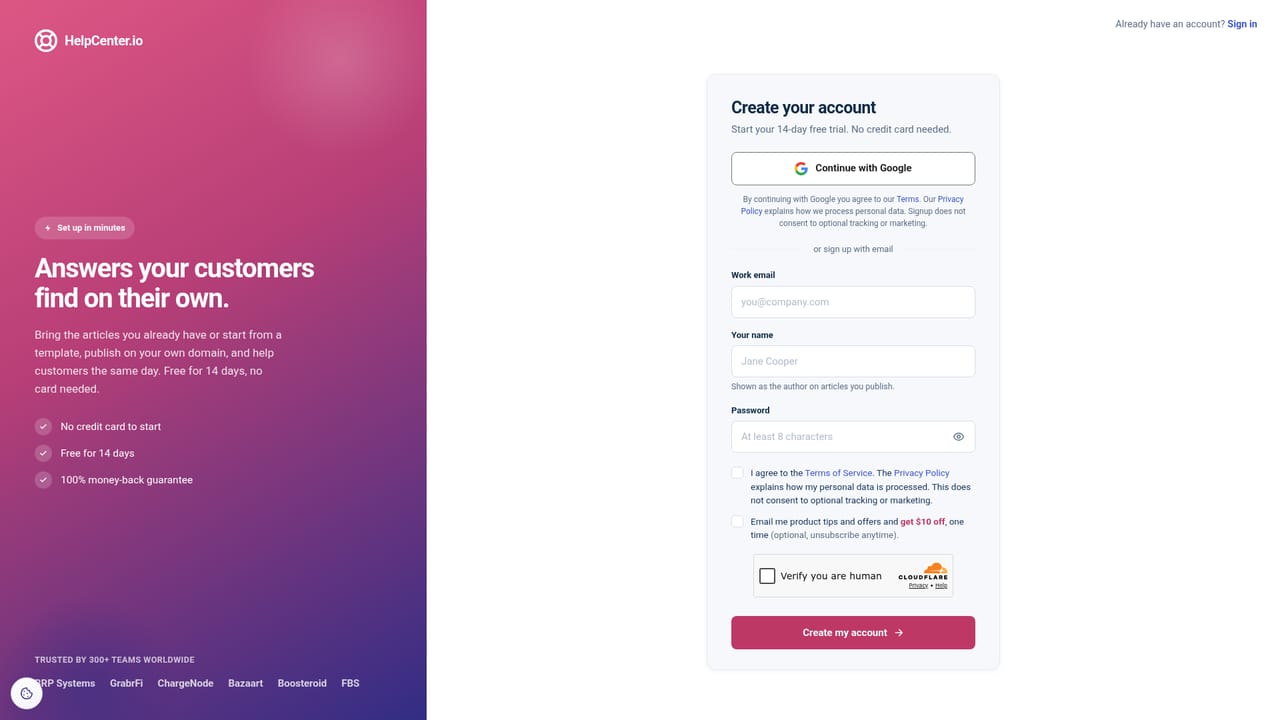 Helpcenter — Sign up for a HelpCenter.io help center