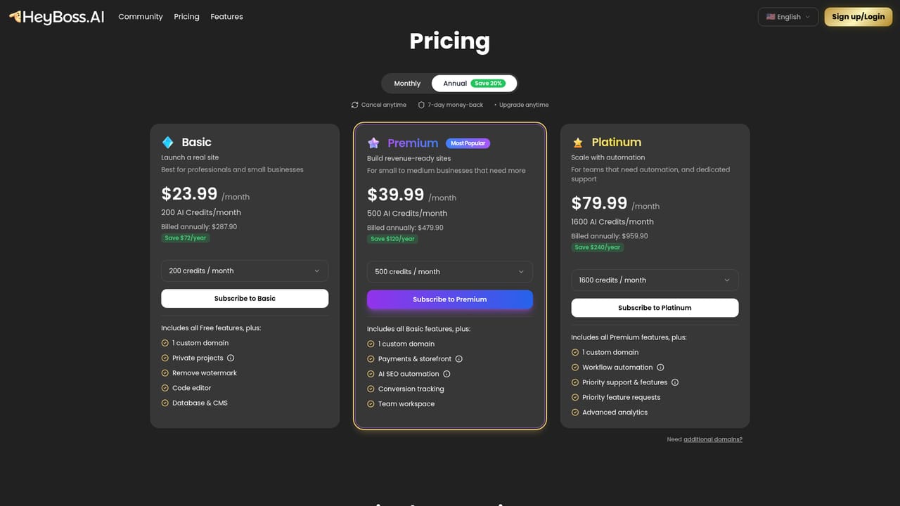 HeyBoss AI — Review the pricing and credit model