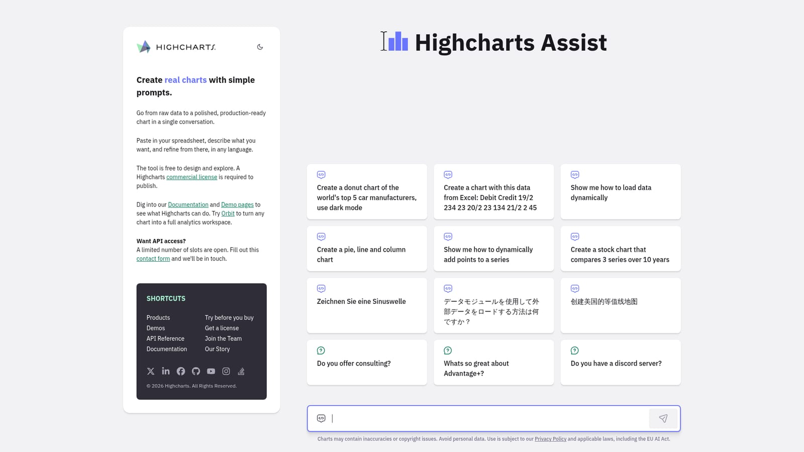 Highcharts — Open the assistant and review example prompts