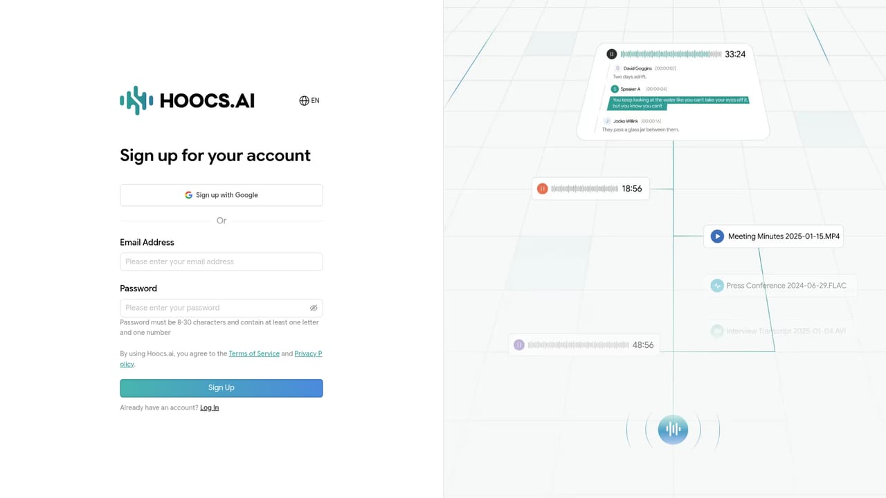 Hoocs AI — Create an account for the free minutes