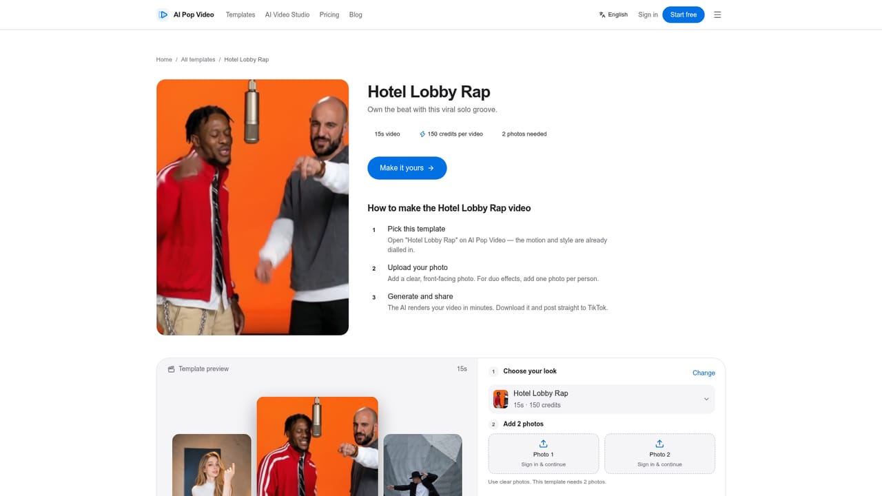 Hotel Lobby AI Video Generator — AI Pop Video — Open the Hotel Lobby template
