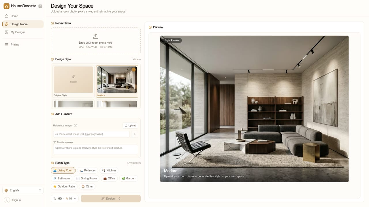 HousesDecorate — Open the Create page and upload a photo
