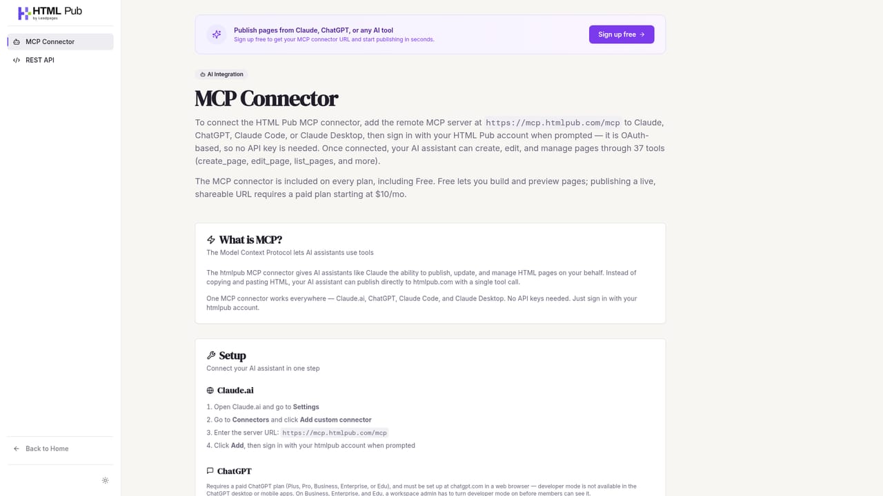 HTML Pub — Connect an AI via MCP for chat-based edits