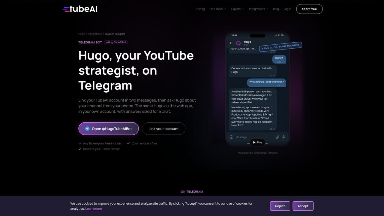 Hugo by TubeAI — Connect Telegram or Claude