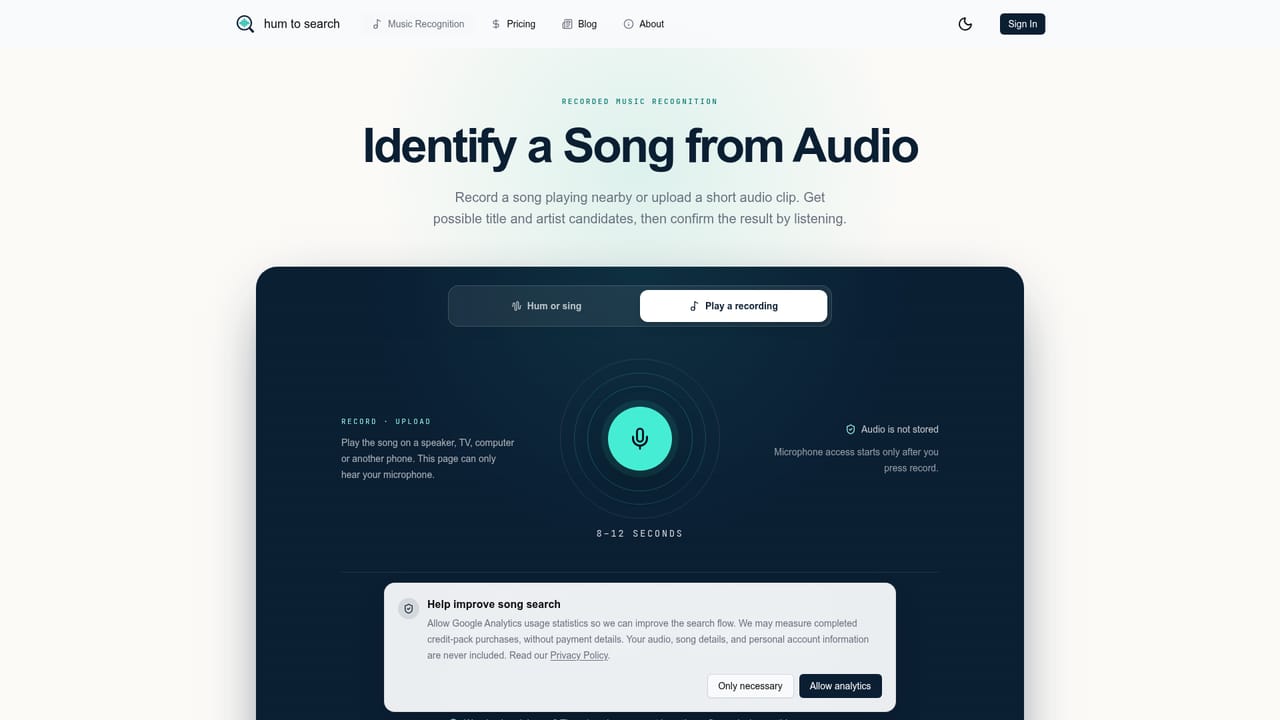 hum to search — Capture or upload a short, clear sample