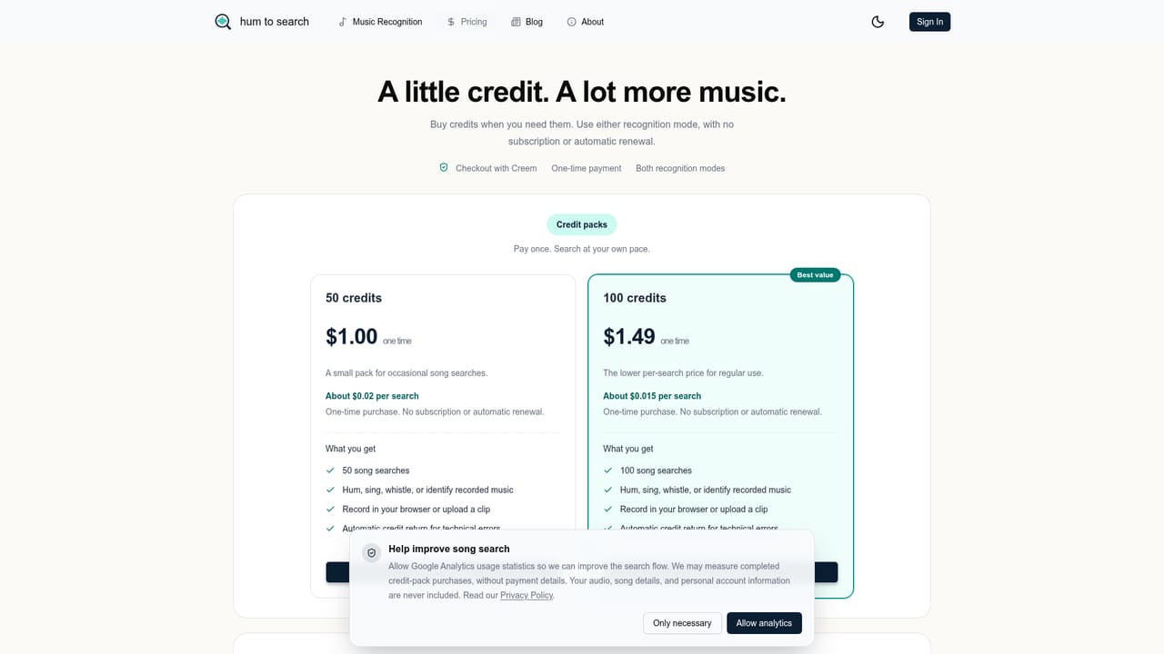 hum to search — Check remaining trial use or buy credits