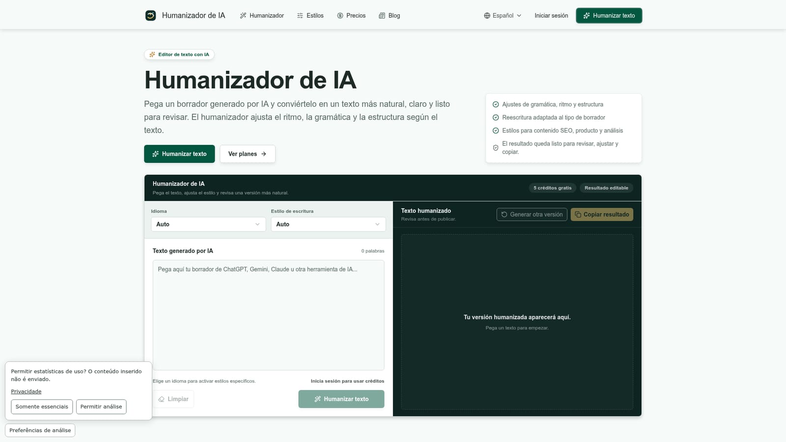 Humanizador de IA — Paste your AI generated draft