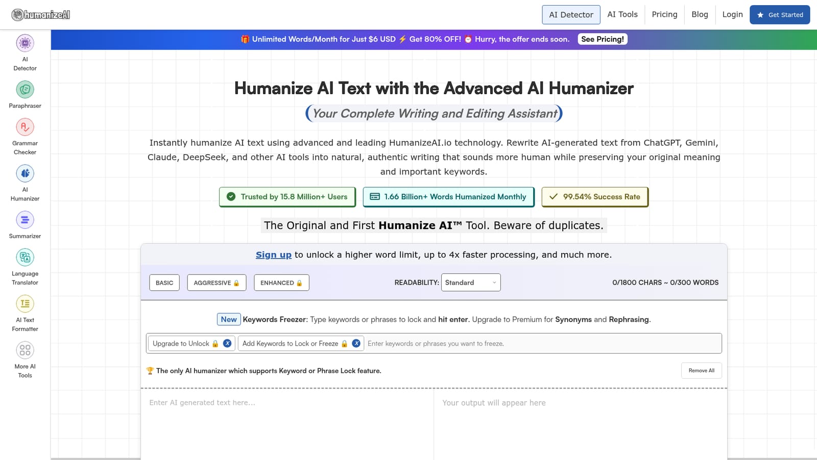 HumanizeAI.io — Open the humanizer and paste your draft