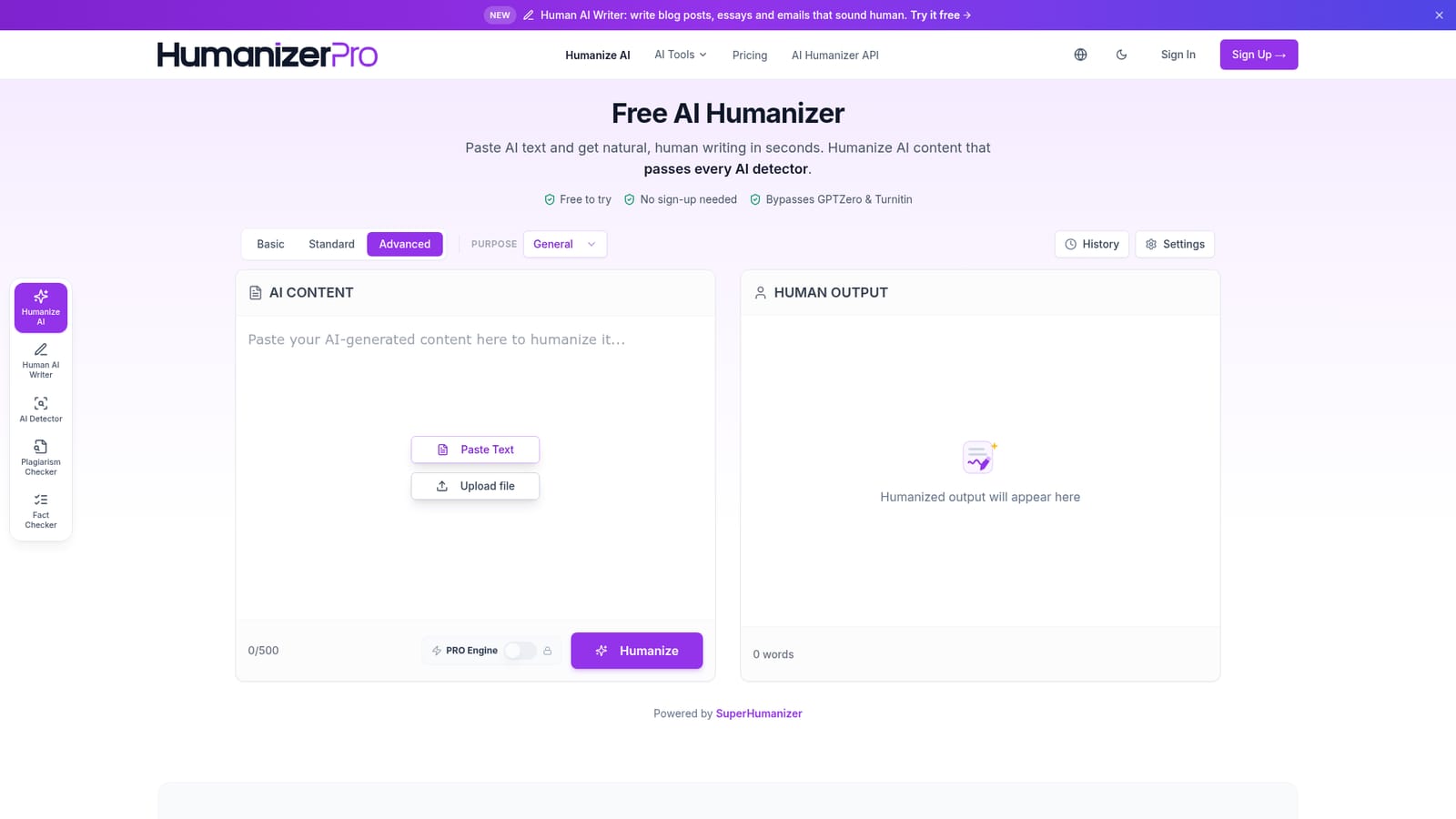 HumanizerPro — Paste or upload your AI-written text