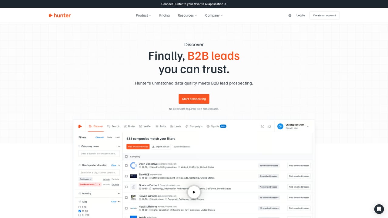Hunter.io — Attach leads and custom attributes