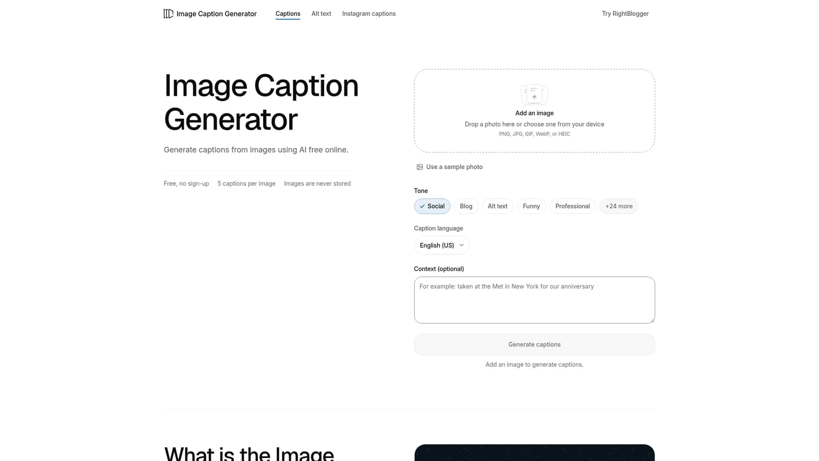 Image Caption Generator — Open the tool and add a photo