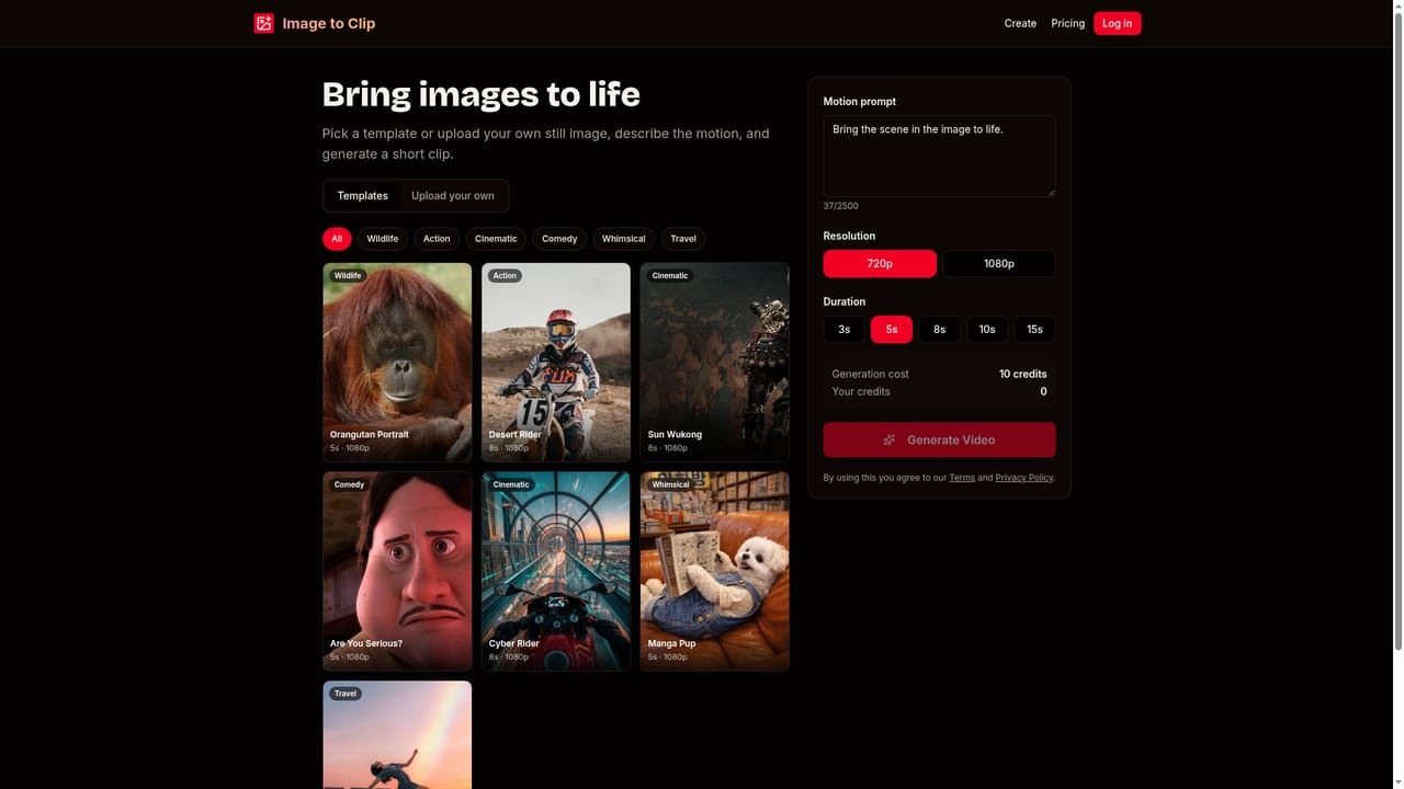 ImageToClip.com — Open the create page