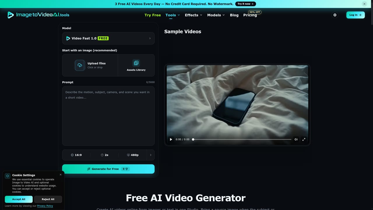 ImageToVideo AI.tools — Pick a model and output settings