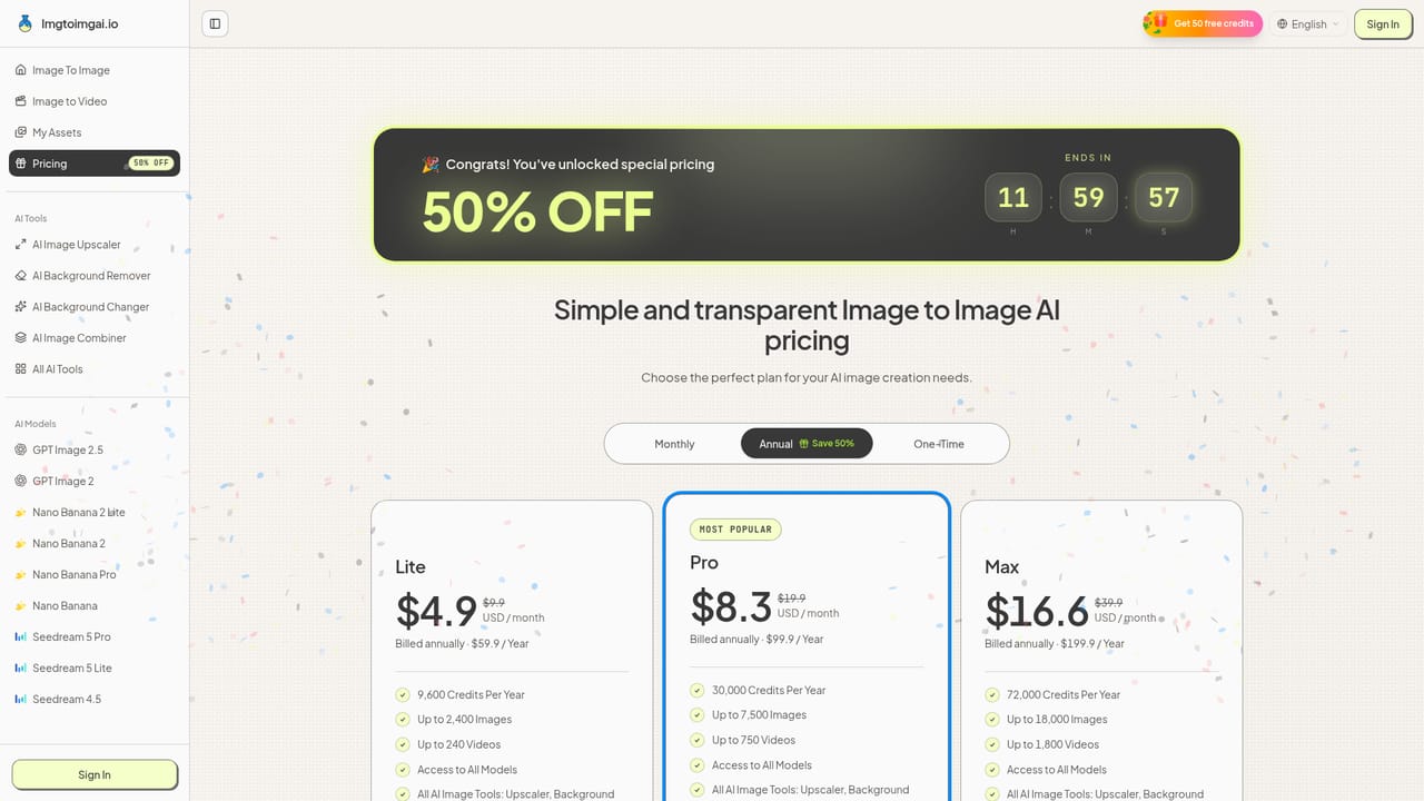 Imgtoimgai.io — Choose a plan for heavier use