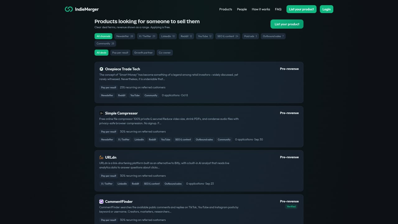 IndieMerger — Look at the live board before listing