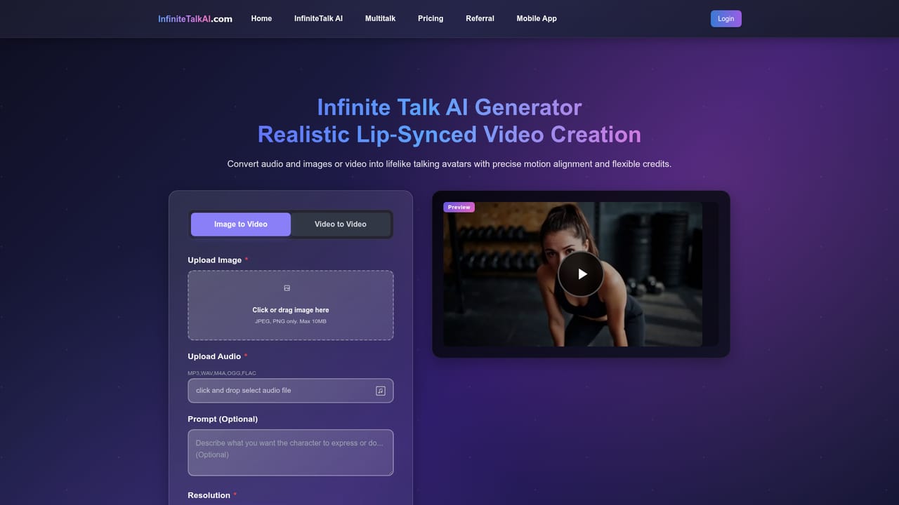 Infinite Talk AI — Upload a video or a portrait image