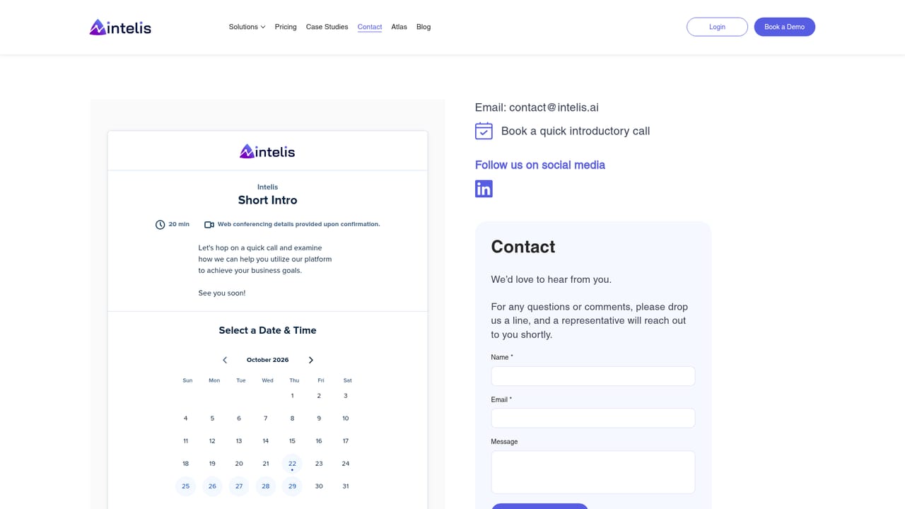 Intelis — Book a demo and open your workspace