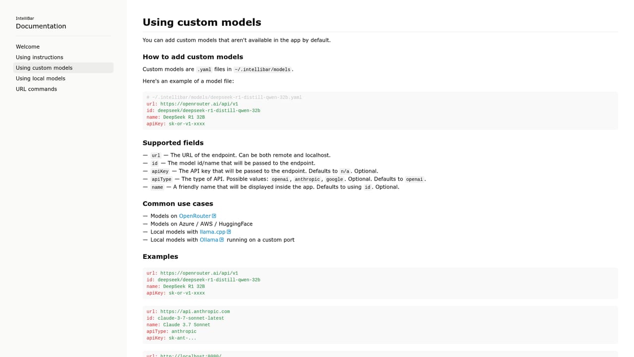 IntelliBar — Add a custom model endpoint