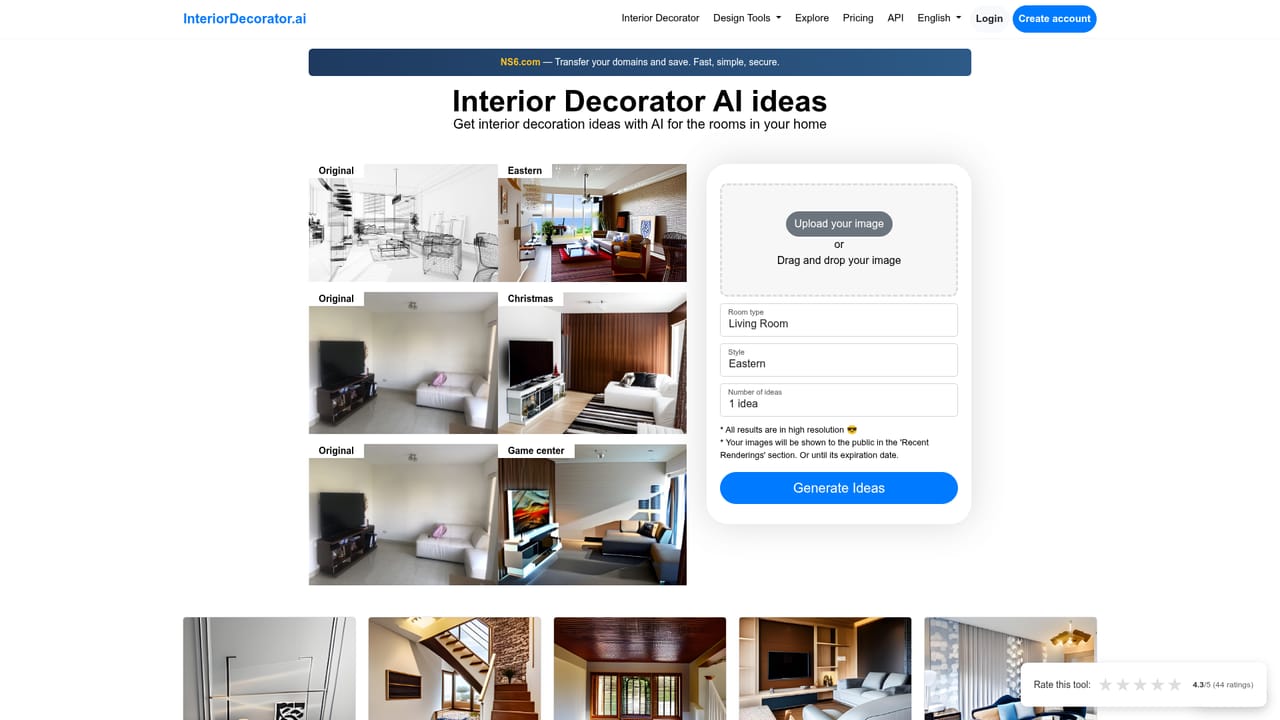 Interior Decorator AI — Choose interior or exterior mode