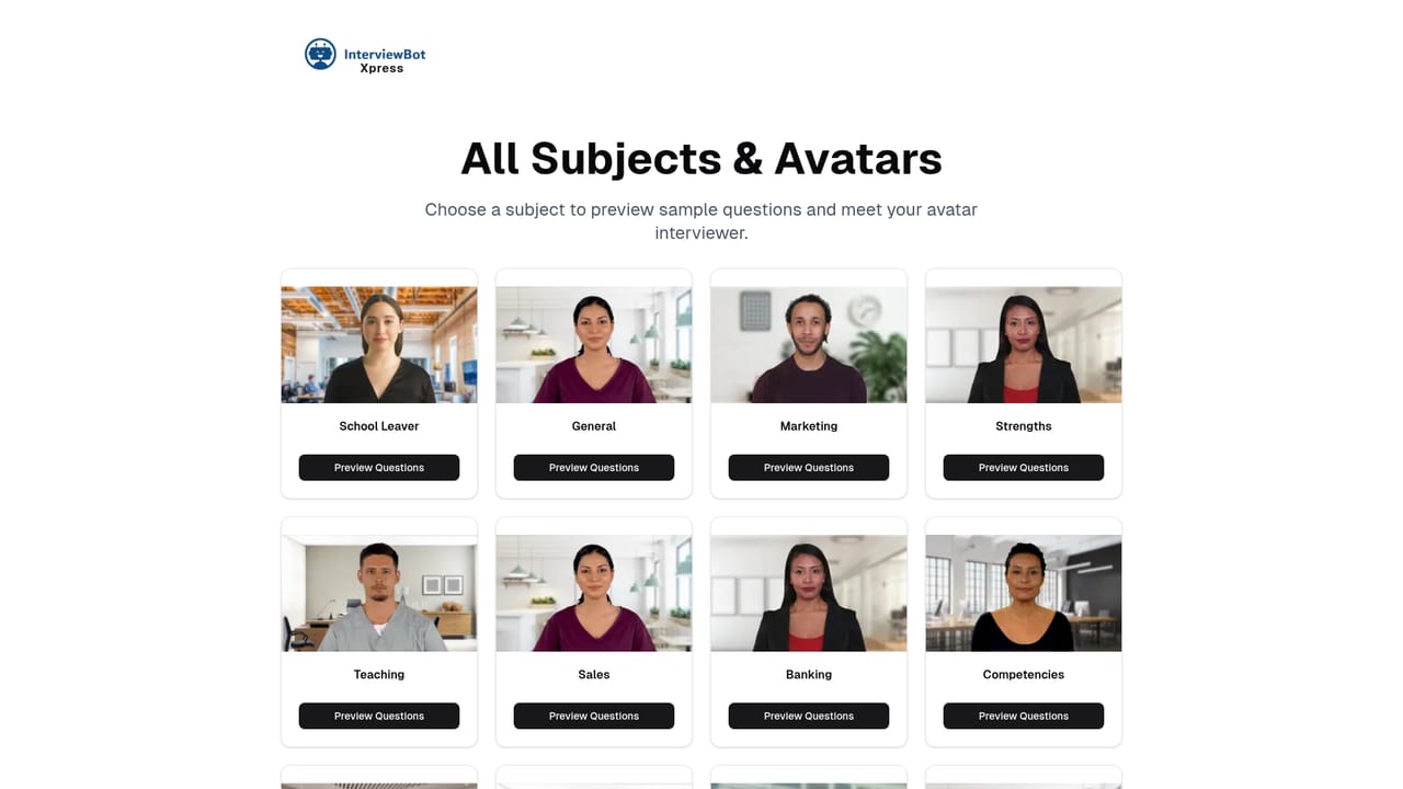 InterviewBot — Browse subjects and avatars