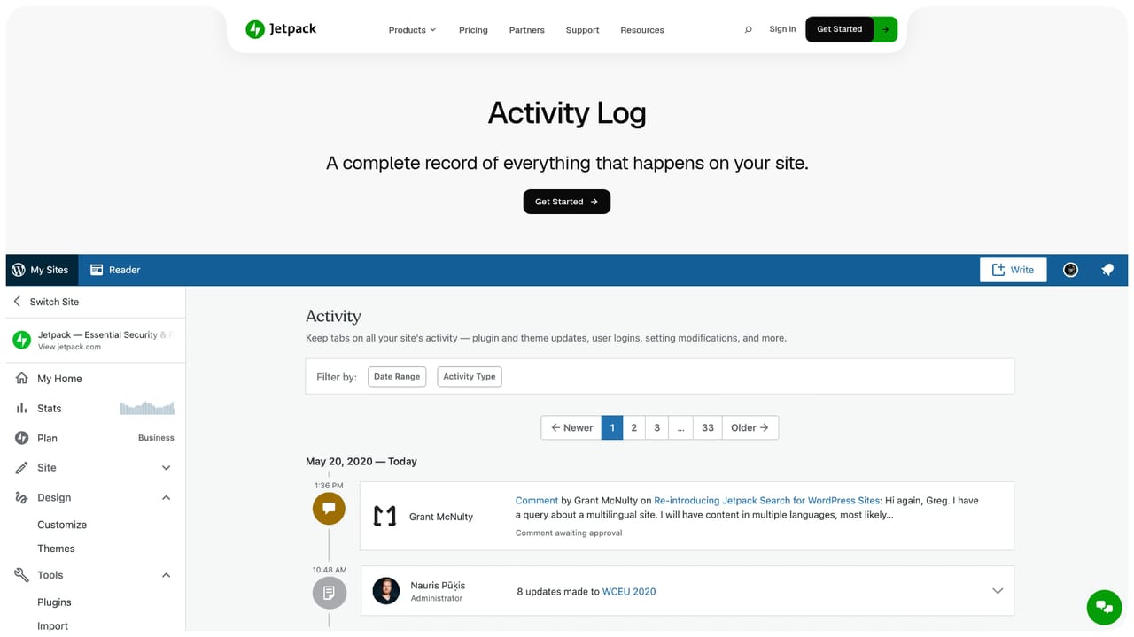 Jetpack — Check the activity log after changes