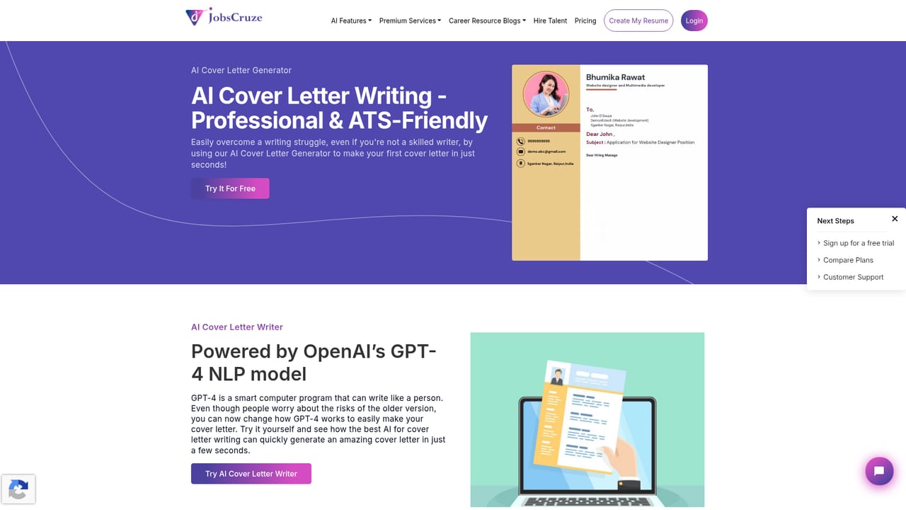 Jobscruze AI Resume Writer — Generate a matching cover letter