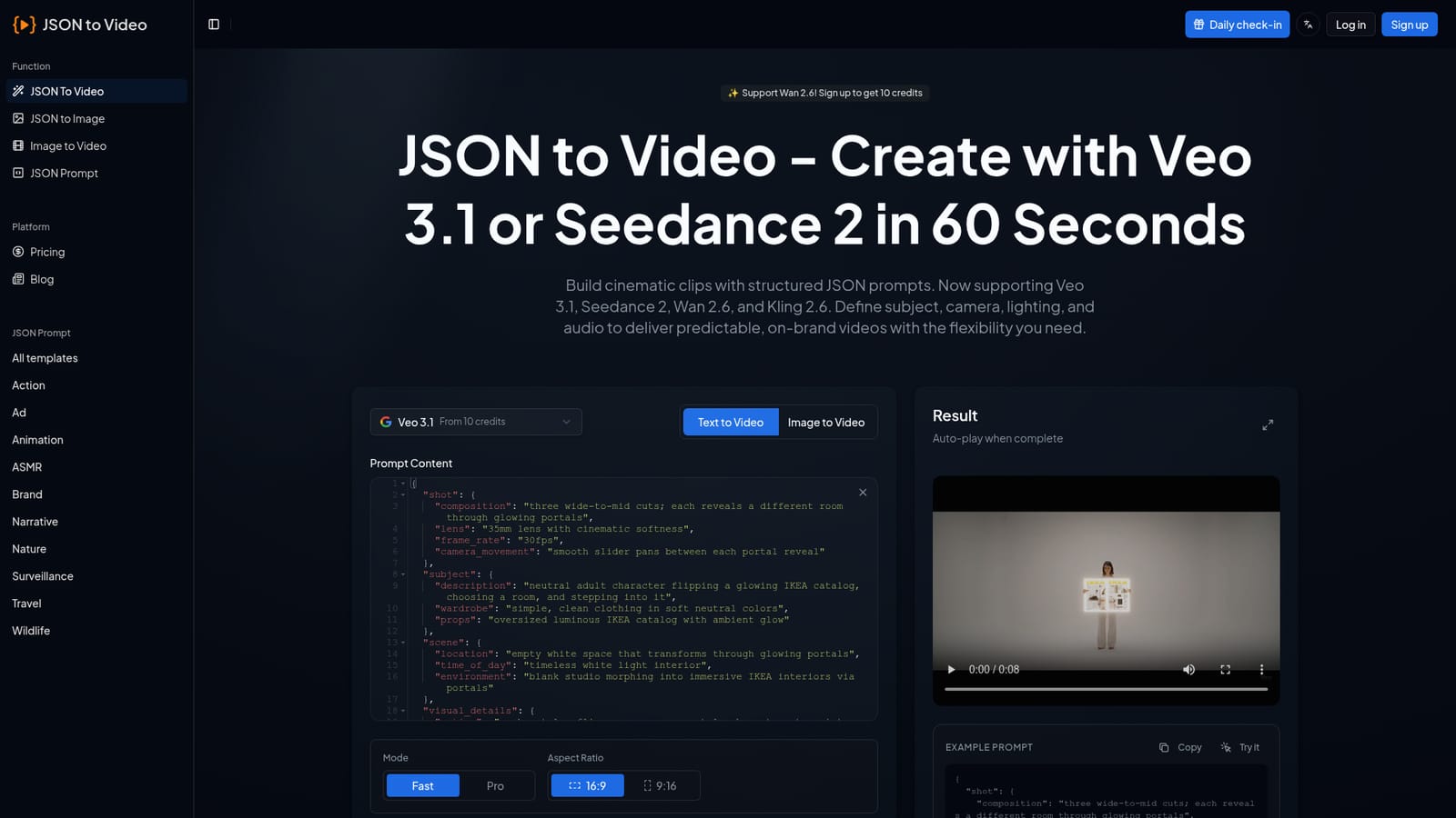 Json To Video.org — Open the generator and pick a model