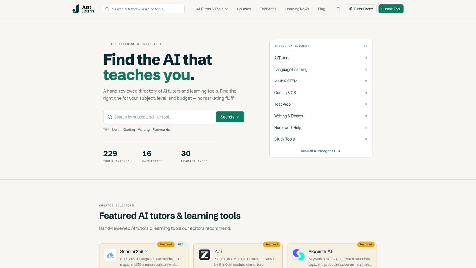 Justlearn — Start from the homepage and pick your entry point
