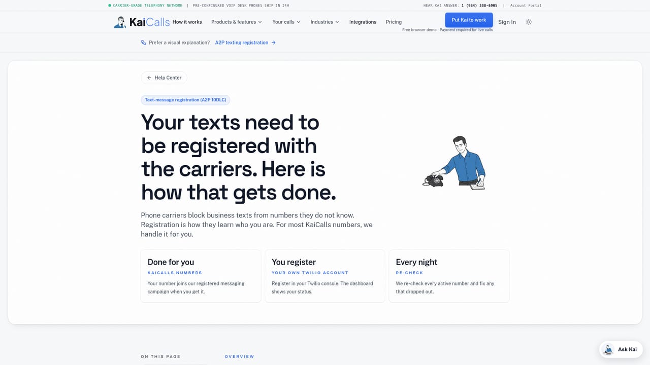 KaiCalls — Enable texting with A2P registration