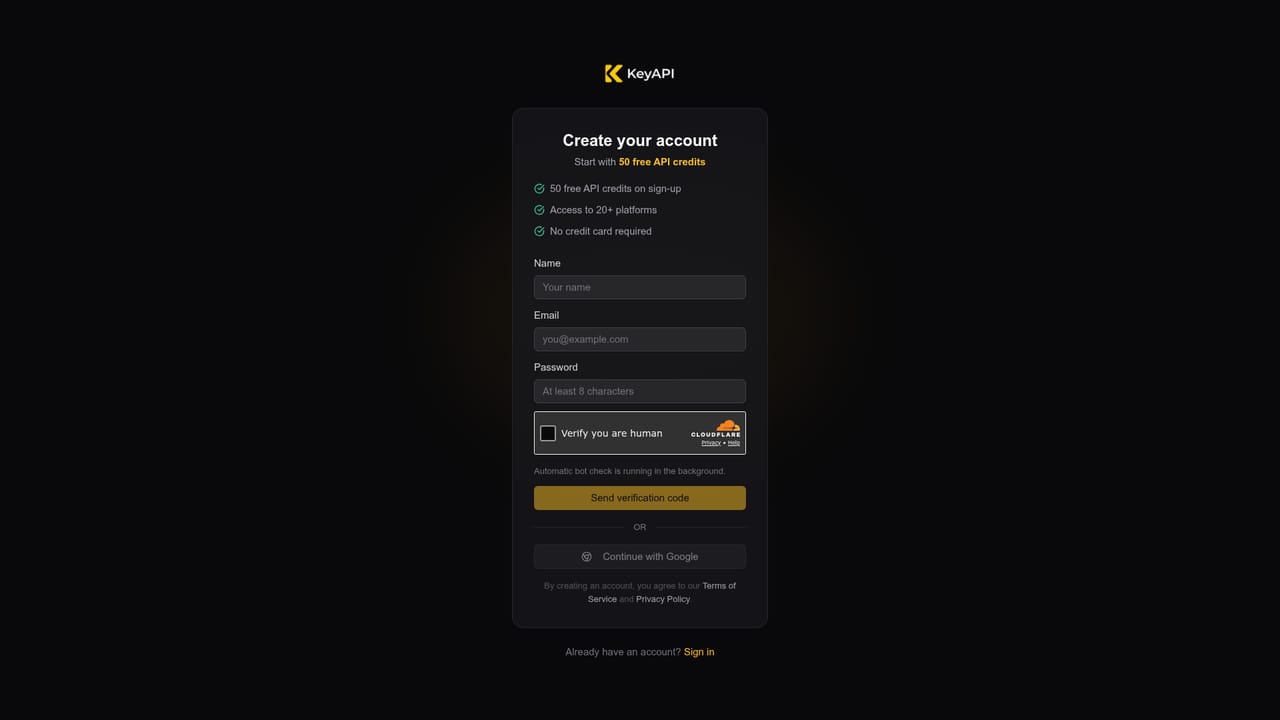 KeyAPI — Create an account and generate your key