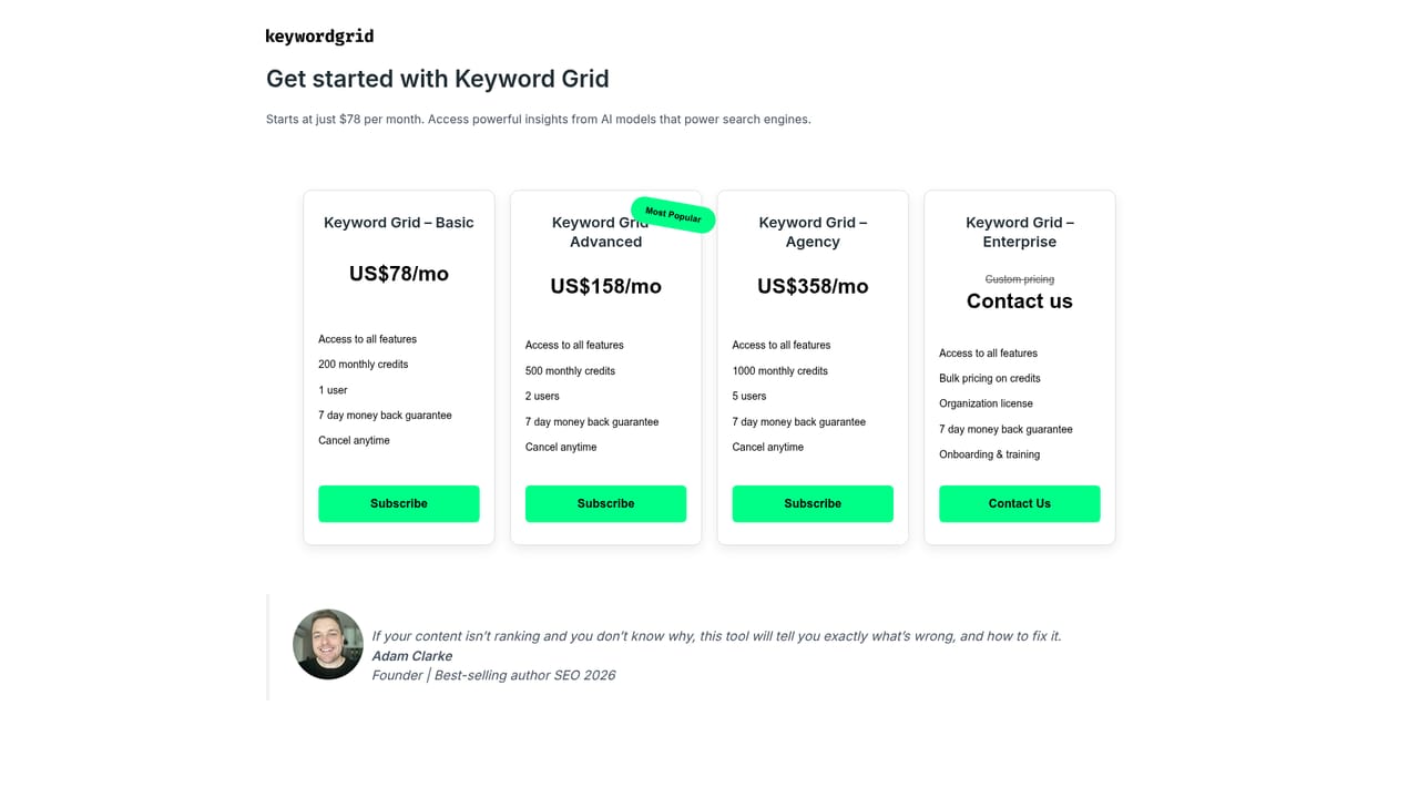 Keyword Grid — Sign up and choose a plan