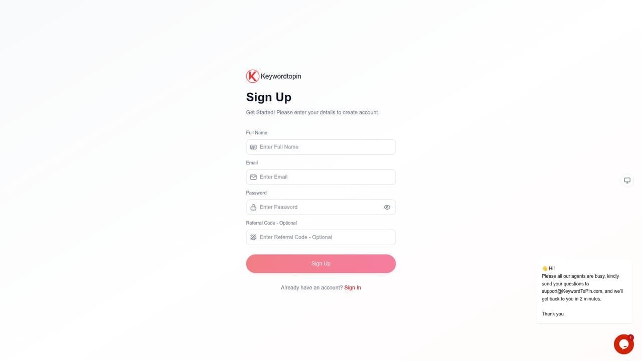 KeywordToPin — Create your account and start the trial