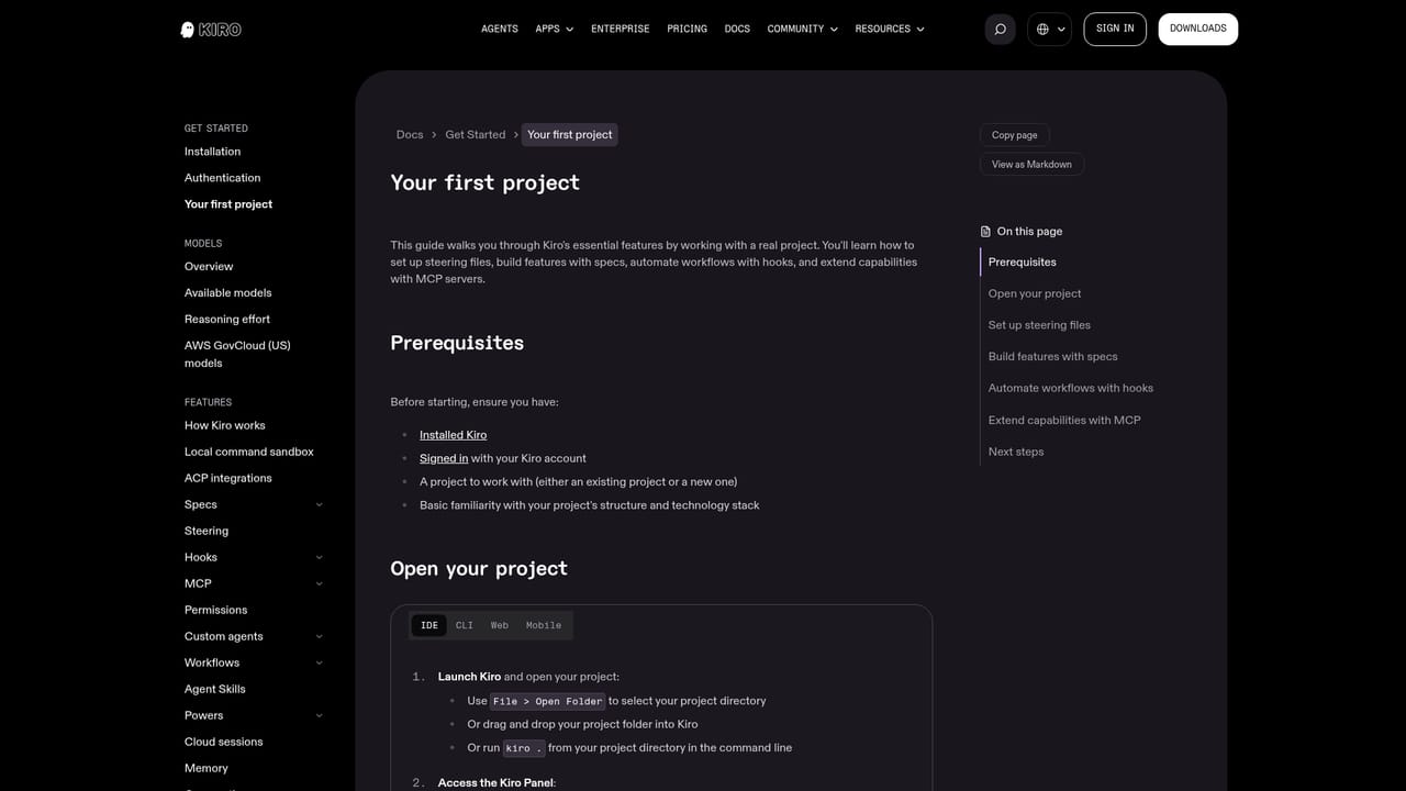 Kiro — Install Kiro and open your first project