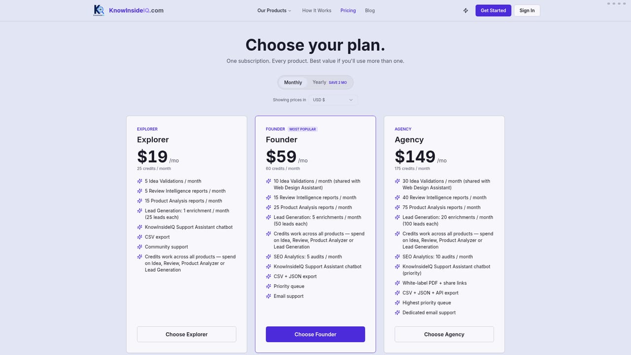 KnowInsideIQ — Pick a plan and create an account