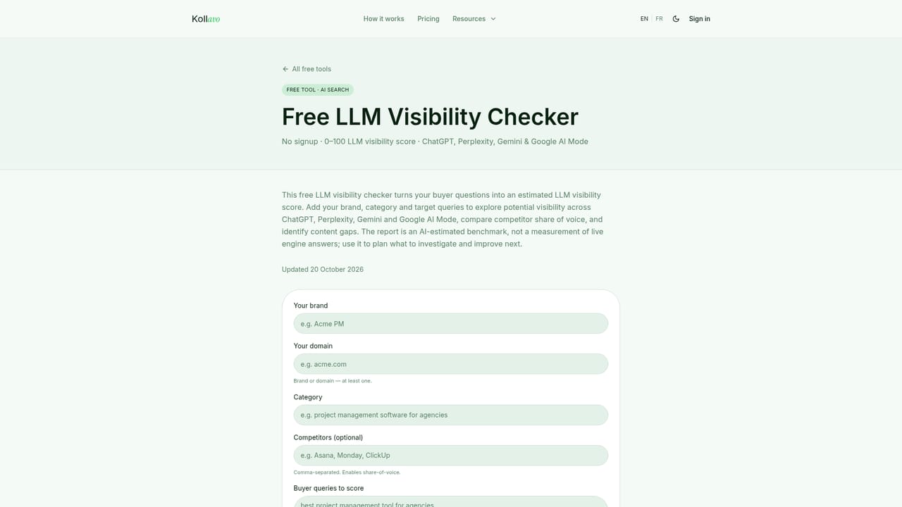 Kollavo — Try the standalone LLM visibility checker