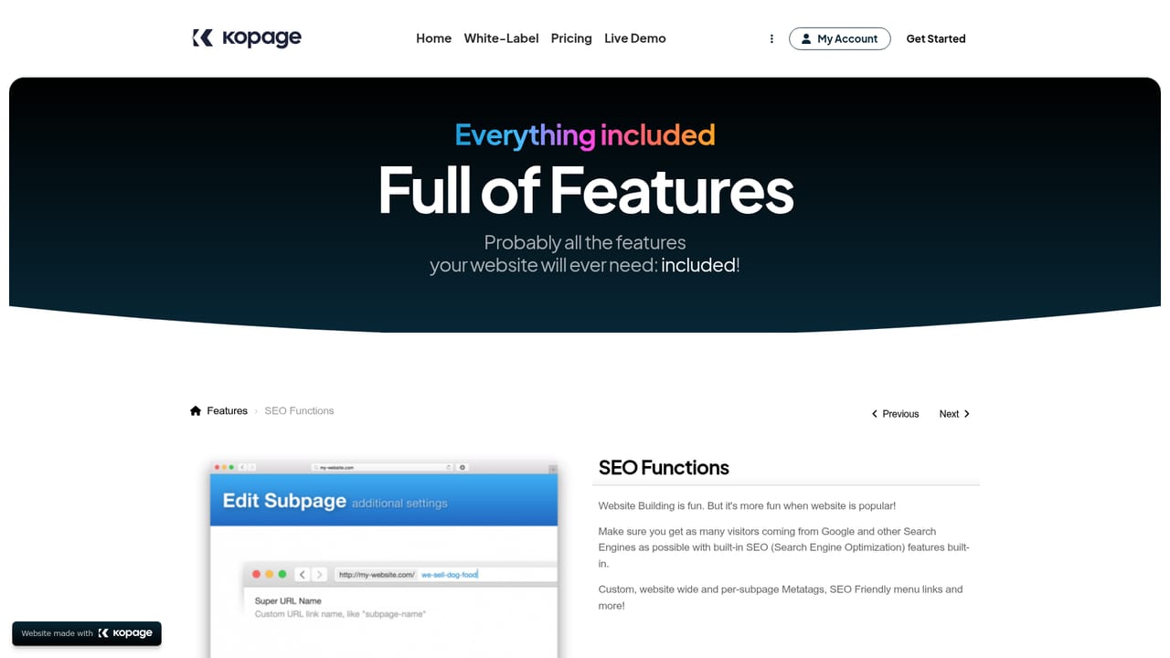 Kopage — Tune SEO and embed custom code