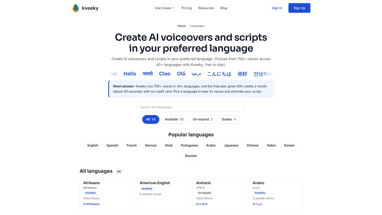 Kveeky — Check the language list