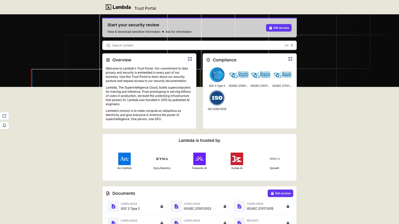 Lambda AI Infrastructure — Verify compliance claims on the Trust Portal