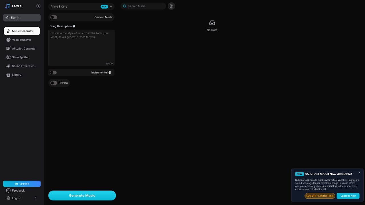 Lami AI Music Generator — Open the generator