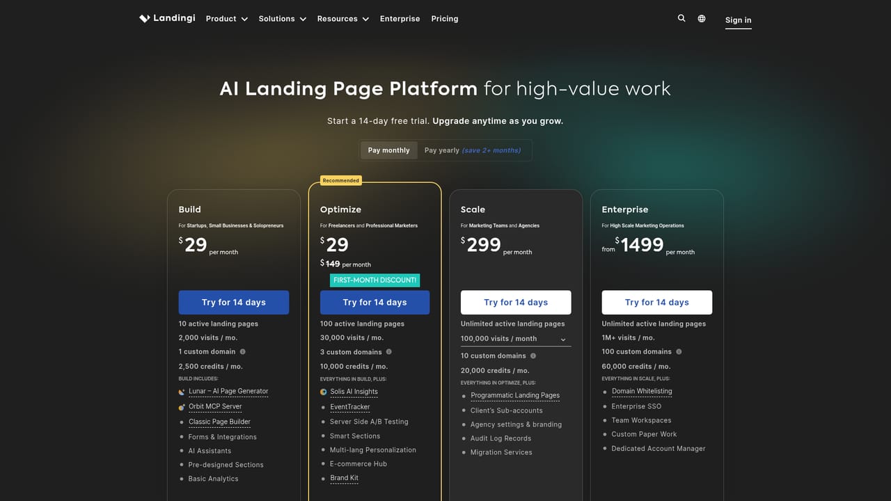 Landingi — Pick a plan and start the 14-day trial